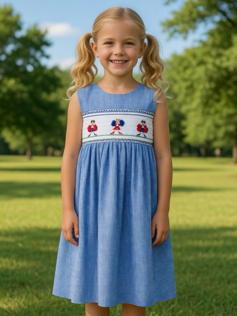 Orient Express Smocked Blue Gingham Dress with Cheerleaders Embroidery Unique